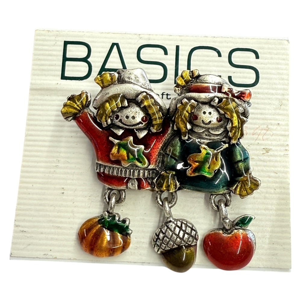 Vintage Fall Scarecrow Pin Brooch Pumpkin Acorn‎ Apple Autumn Enamel Costume
